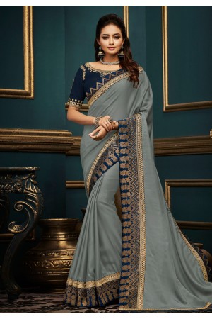 Gray satin embroidered party wear saree  10613